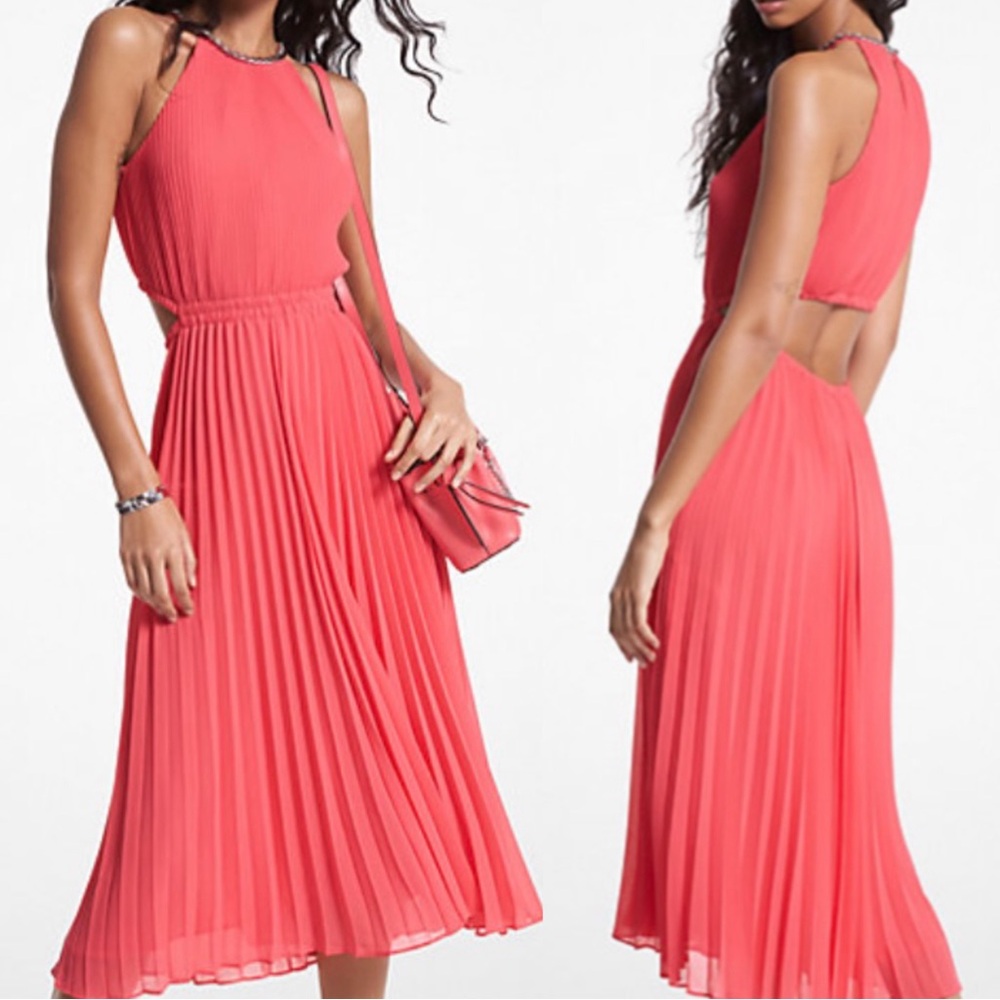 Small MK Michael Kors Elegant Deep Coral Pleated Midi Dress, Brand New with tags